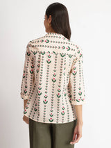 Cotton Floral Motif Top - Off-White & Green