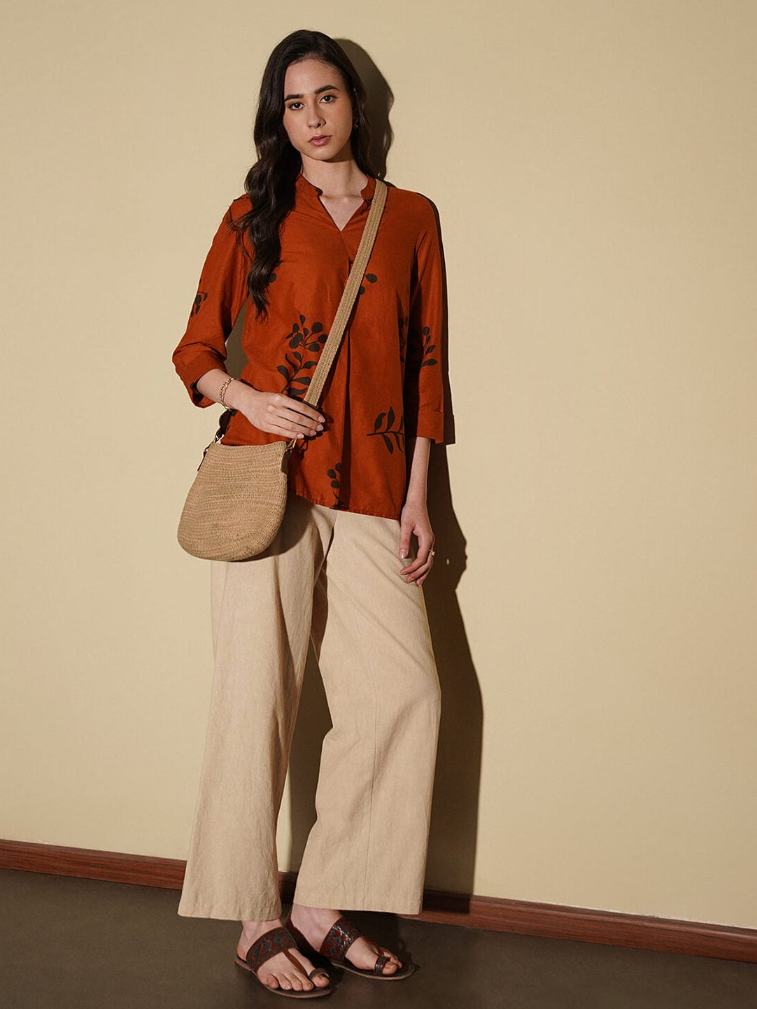 Cotton Floral Pleated Top - Rust