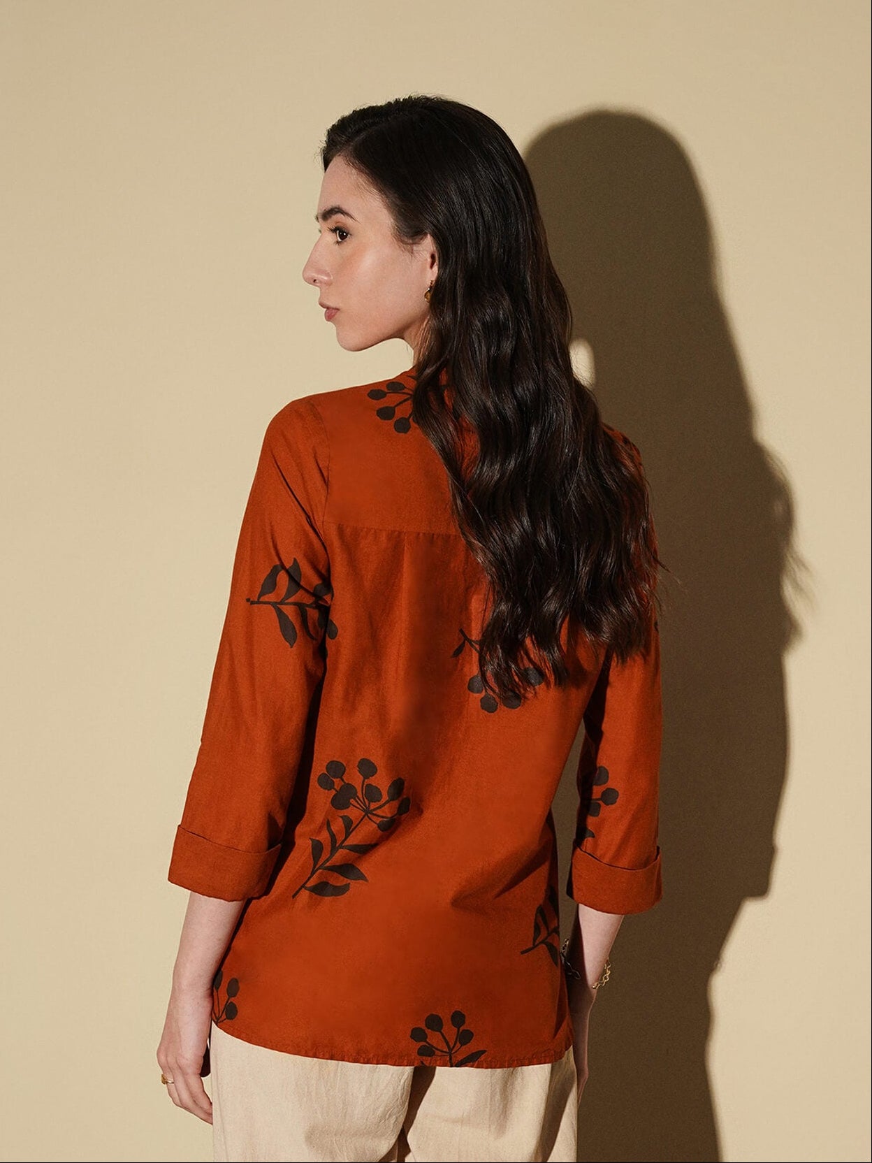 Cotton Floral Pleated Top - Rust