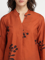 Cotton Floral Pleated Top - Rust