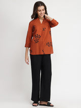 Cotton Floral Pleated Top - Rust