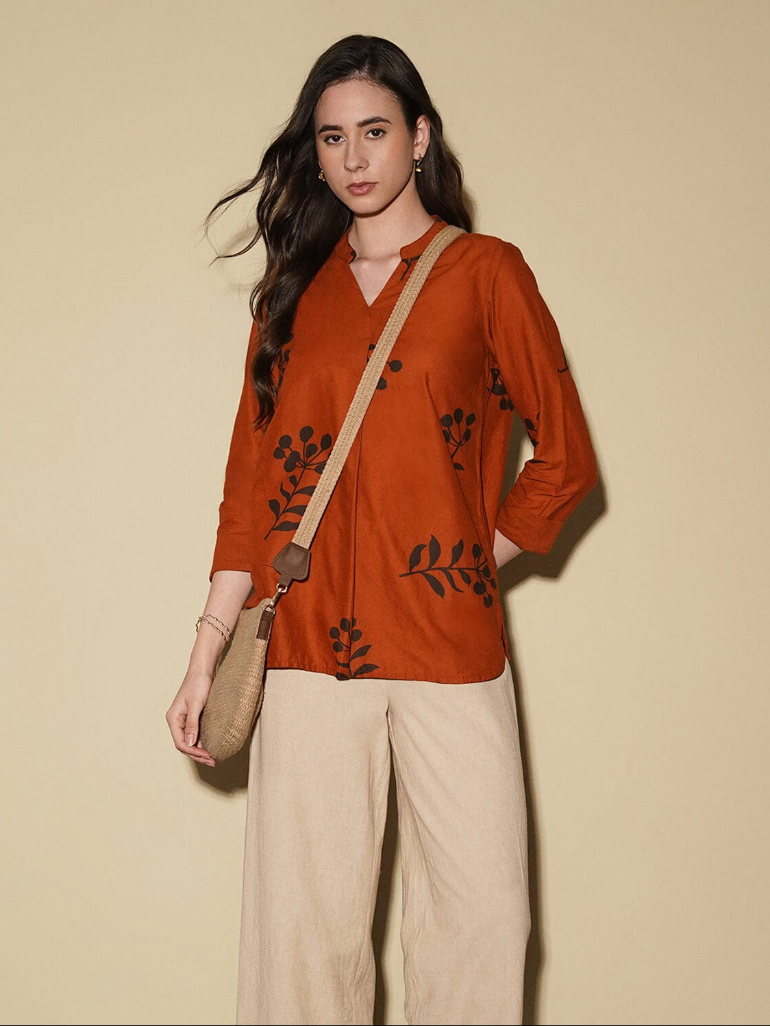 Cotton Floral Pleated Top - Rust