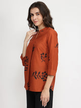 Cotton Floral Pleated Top - Rust