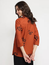 Cotton Floral Pleated Top - Rust