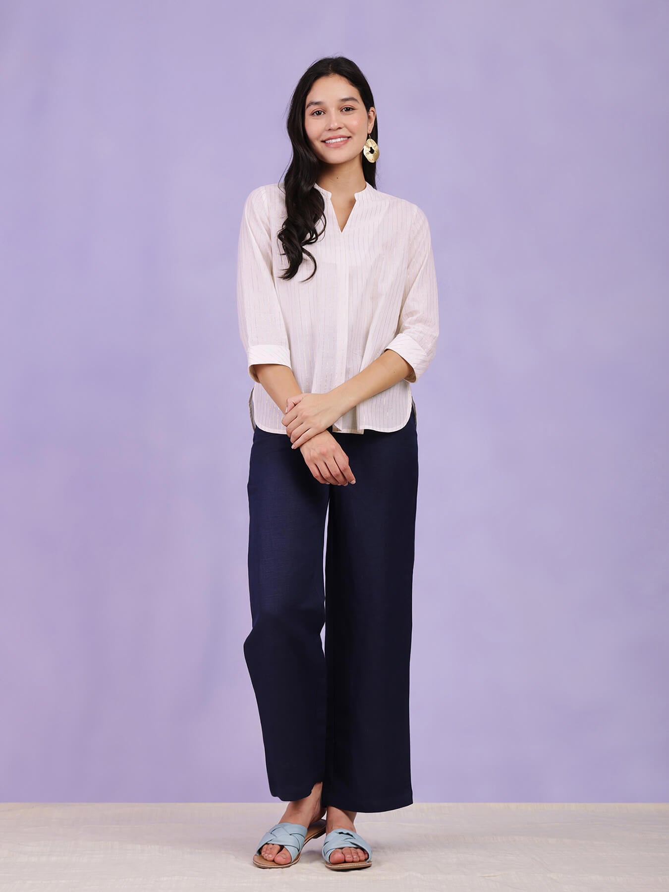 Cotton Lurex V-Neck Top - White