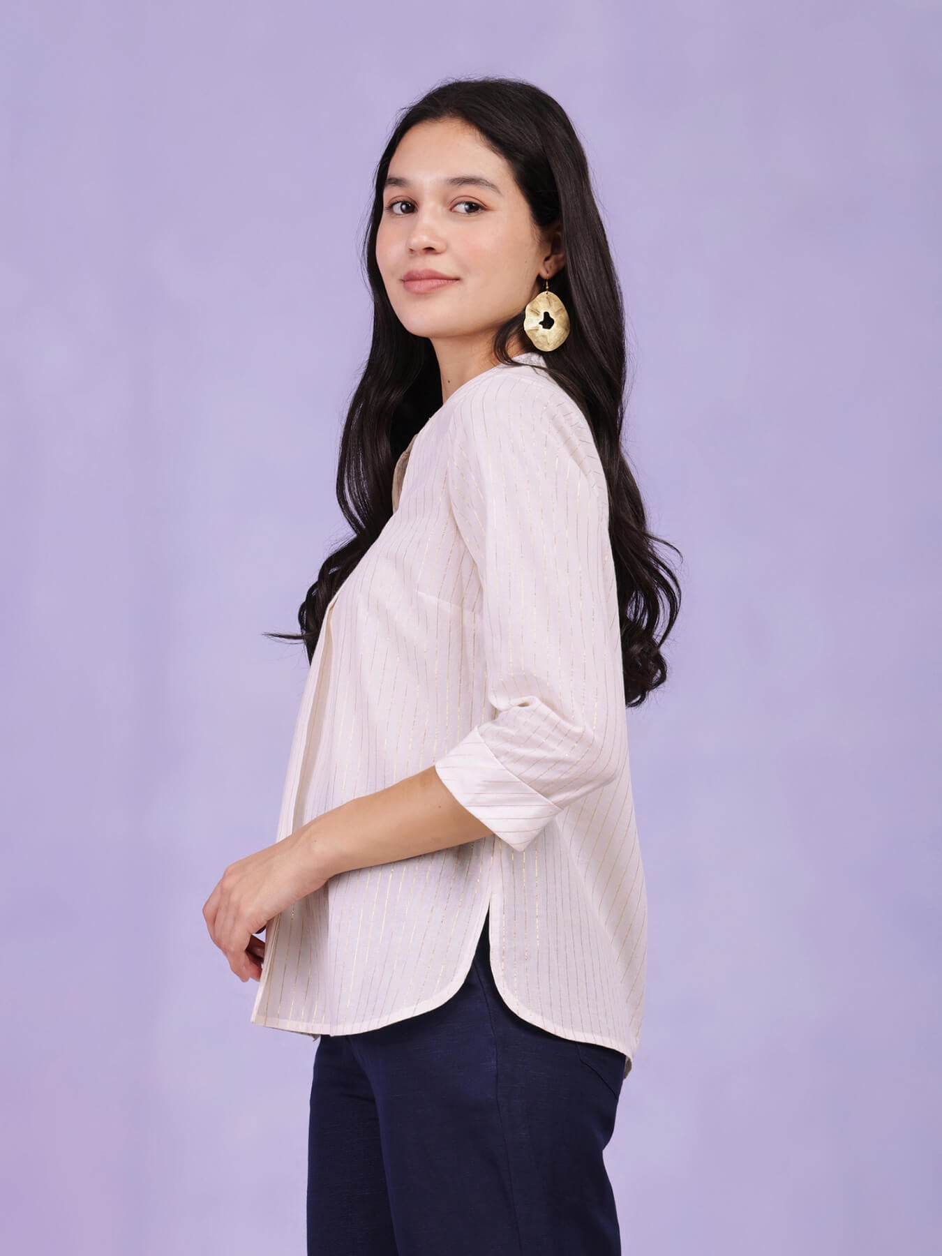 Cotton Lurex V-Neck Top - White