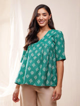 Cotton Dabu Handblock Polka Printed Top - Green