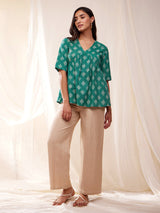 Cotton Dabu Handblock Polka Printed Top - Green