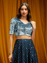 Velvet V-Neck Blouse - Light Blue