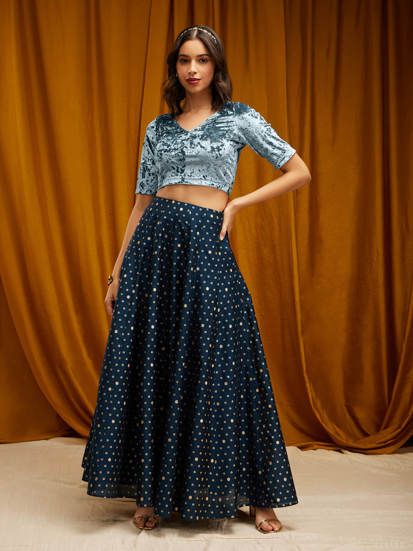 Velvet V-Neck Blouse - Light Blue