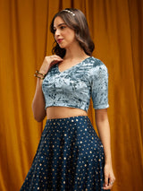 Velvet V-Neck Blouse - Light Blue