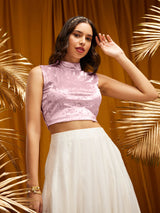 Velvet High Neck Blouse- Pink