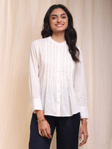 Cotton Self Design Pintuck Top - White