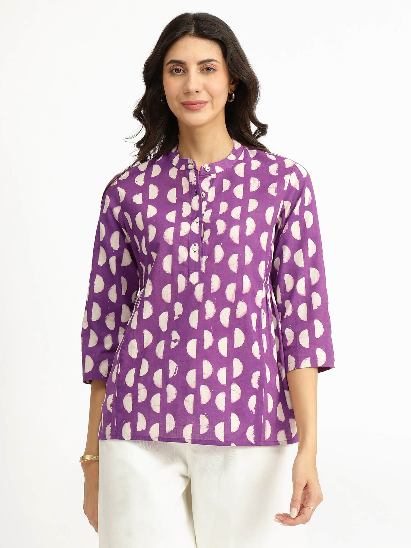 Cotton Dabu Geometric Print Top - Purple