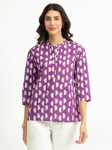 Cotton Dabu Geometric Print Top - Purple
