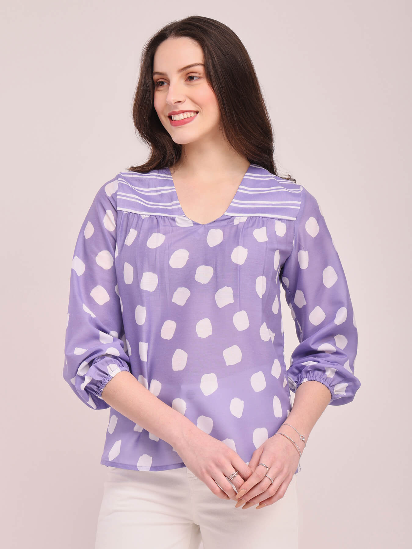 Polka Print V-Neck Top - Lilac