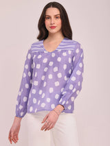 Polka Print V-Neck Top - Lilac