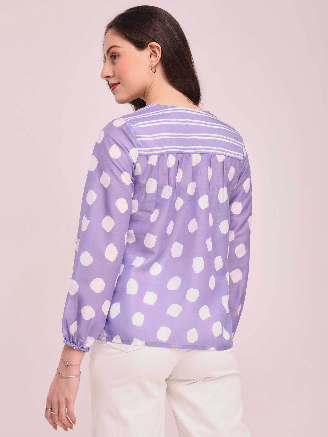 Polka Print V-Neck Top - Lilac