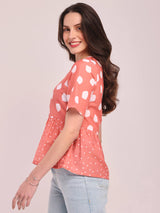Polka Print Peplum Top - Peach