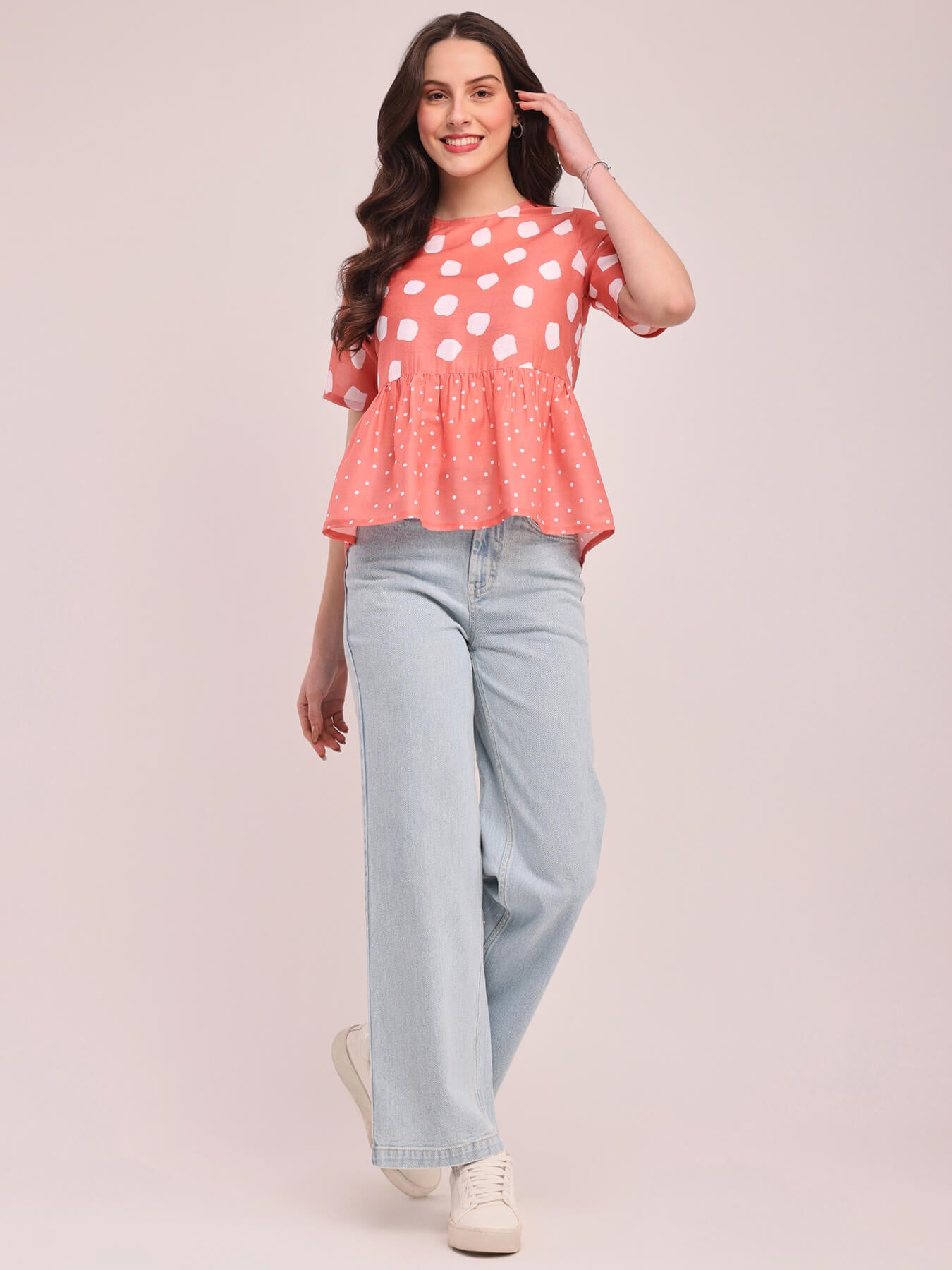 Polka Print Peplum Top - Peach