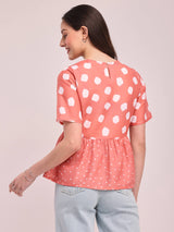 Polka Print Peplum Top - Peach