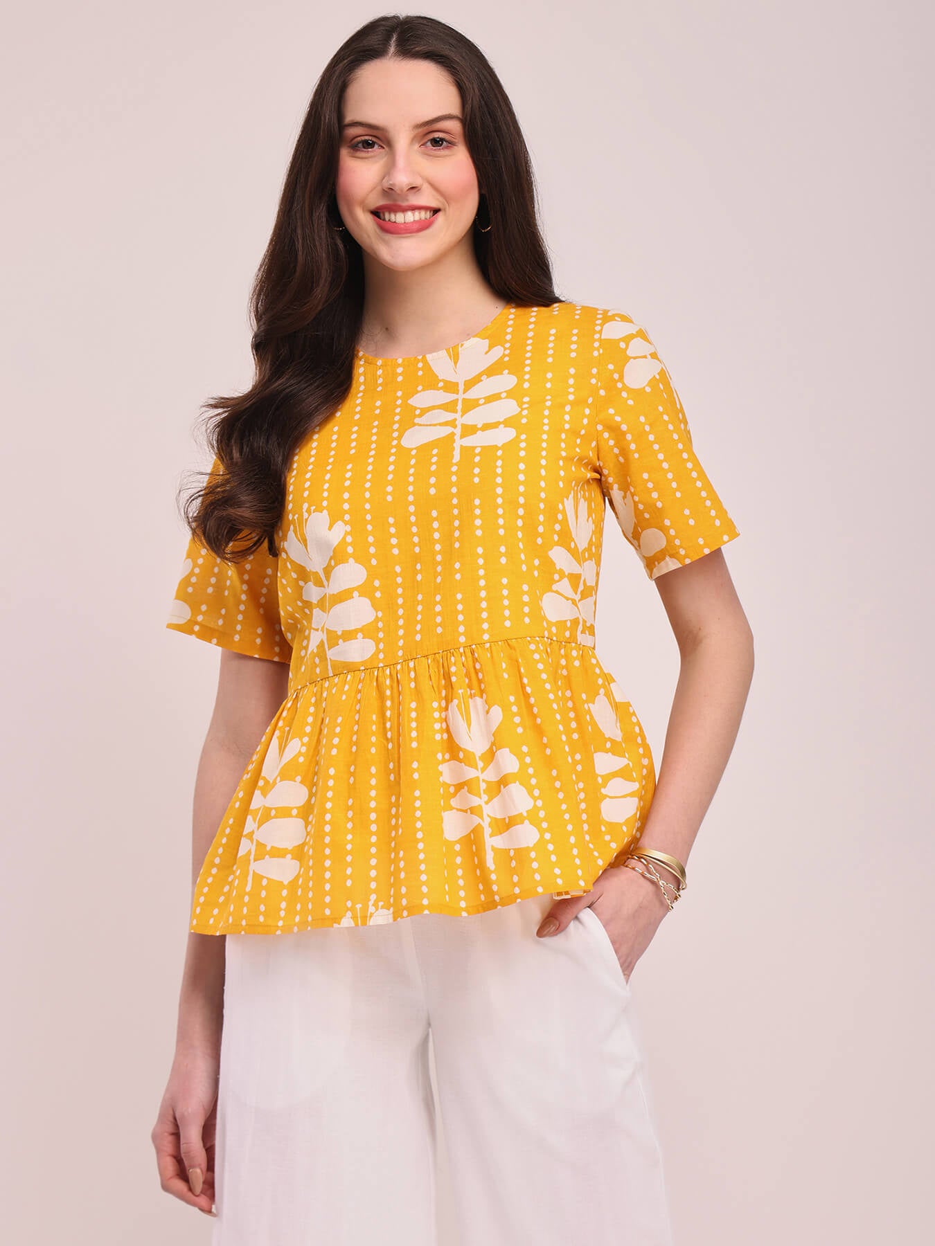 Cotton Floral Round Neck Top - Yellow