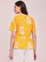 Cotton Floral Round Neck Top - Yellow