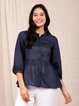 Chanderi Gathered Top - Navy Blue