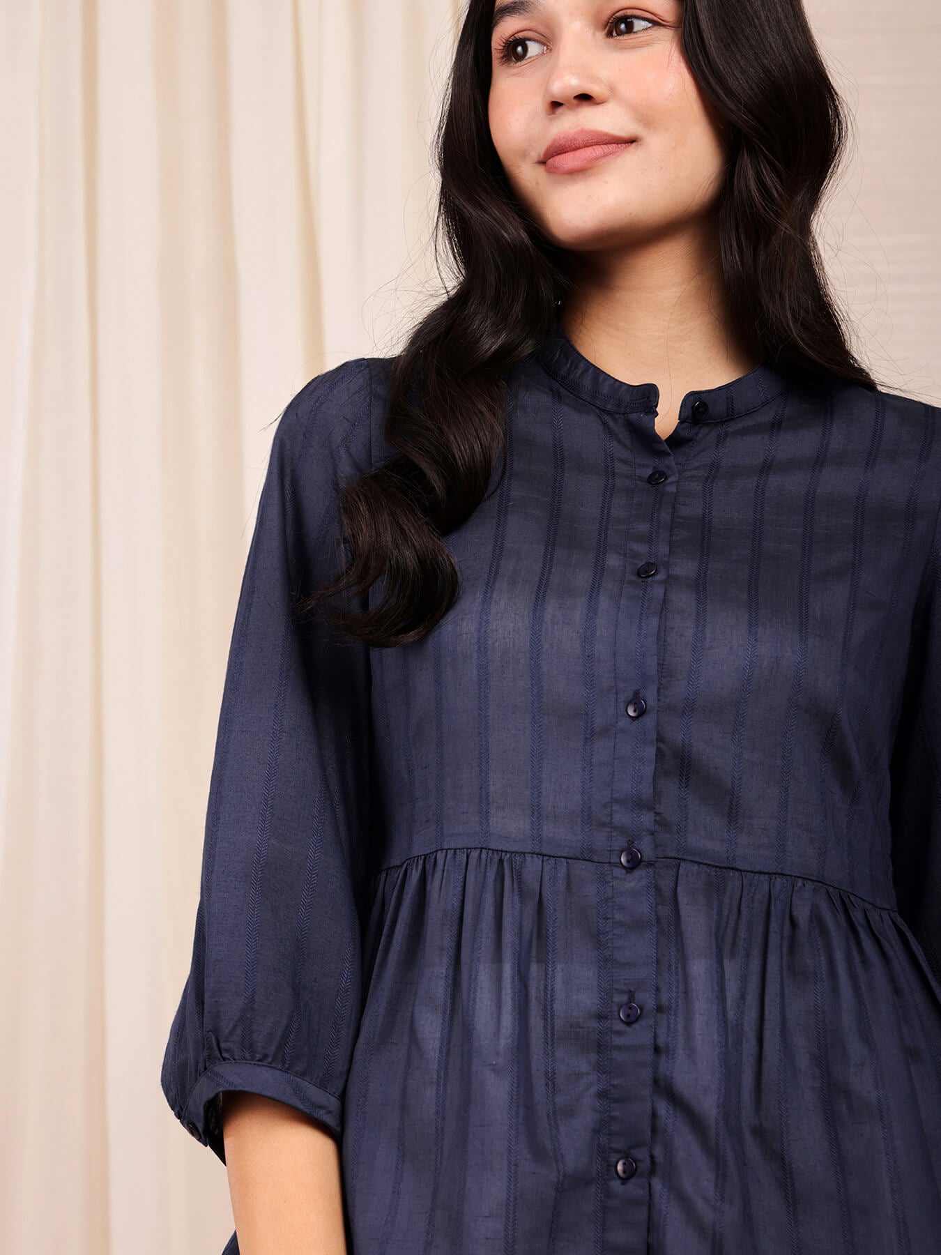 Chanderi Gathered Top - Navy Blue