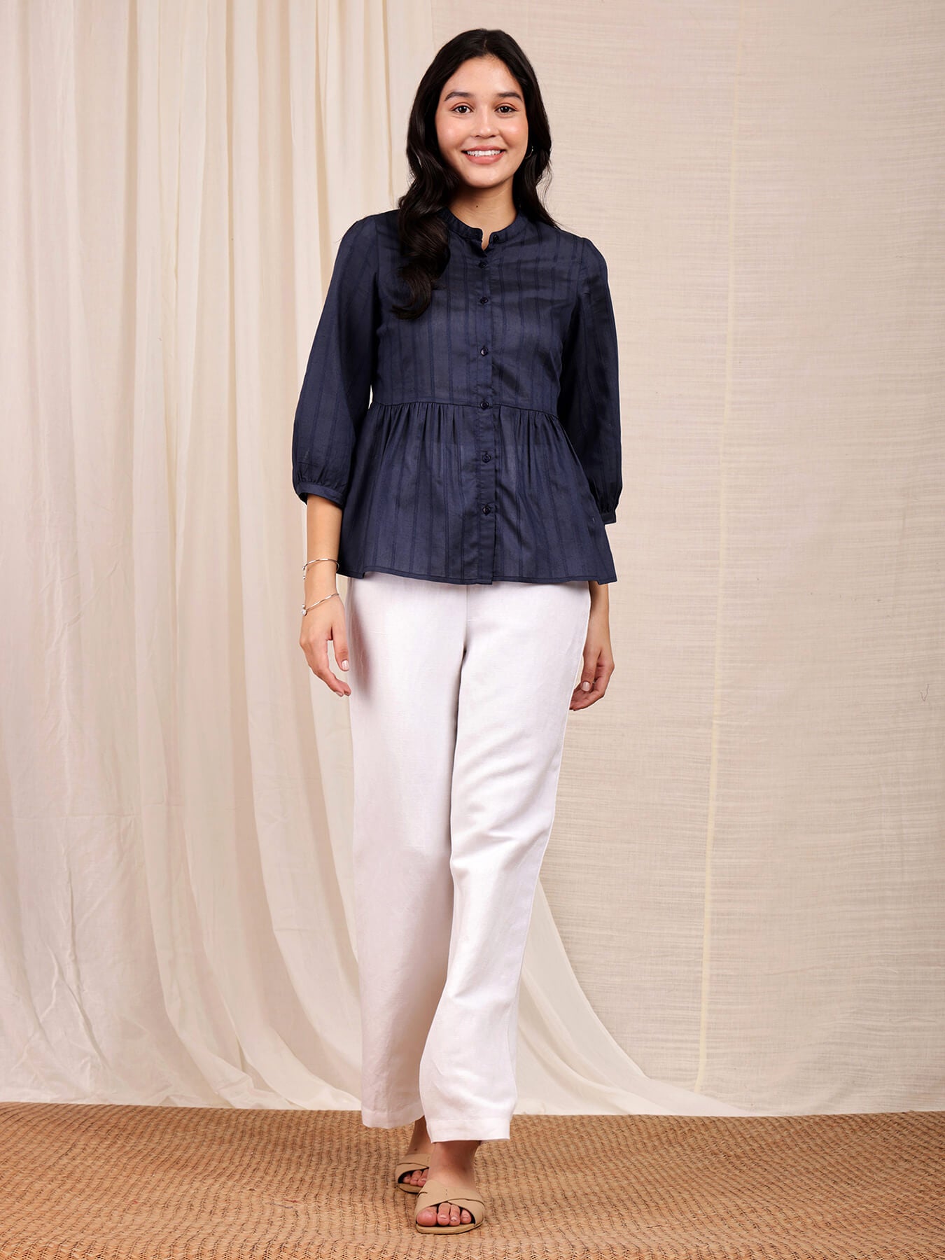 Chanderi Gathered Top - Navy Blue