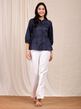 Chanderi Gathered Top - Navy Blue
