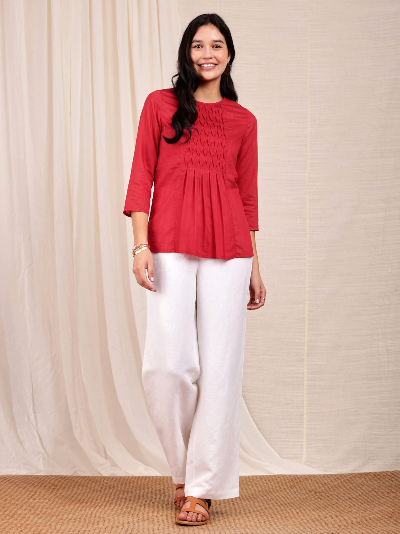 Chanderi Solid Pintuck Top - Red