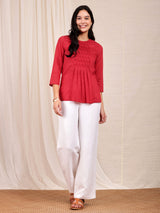 Chanderi Solid Pintuck Top - Red