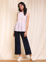 Cotton Sleeveless Pintuck Top - White & Red