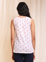 Cotton Sleeveless Pintuck Top - White & Red