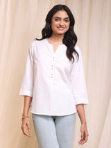 Cotton Front-Pleat Buttoned Top - White