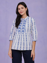 Cotton Floral Motif Top - Blue & White