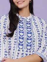 Cotton Floral Motif Top - Blue & White