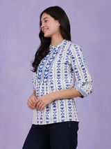 Cotton Floral Motif Top - Blue & White