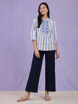 Cotton Floral Motif Top - Blue & White