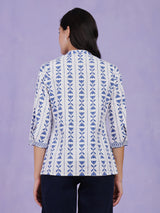 Cotton Floral Motif Top - Blue & White