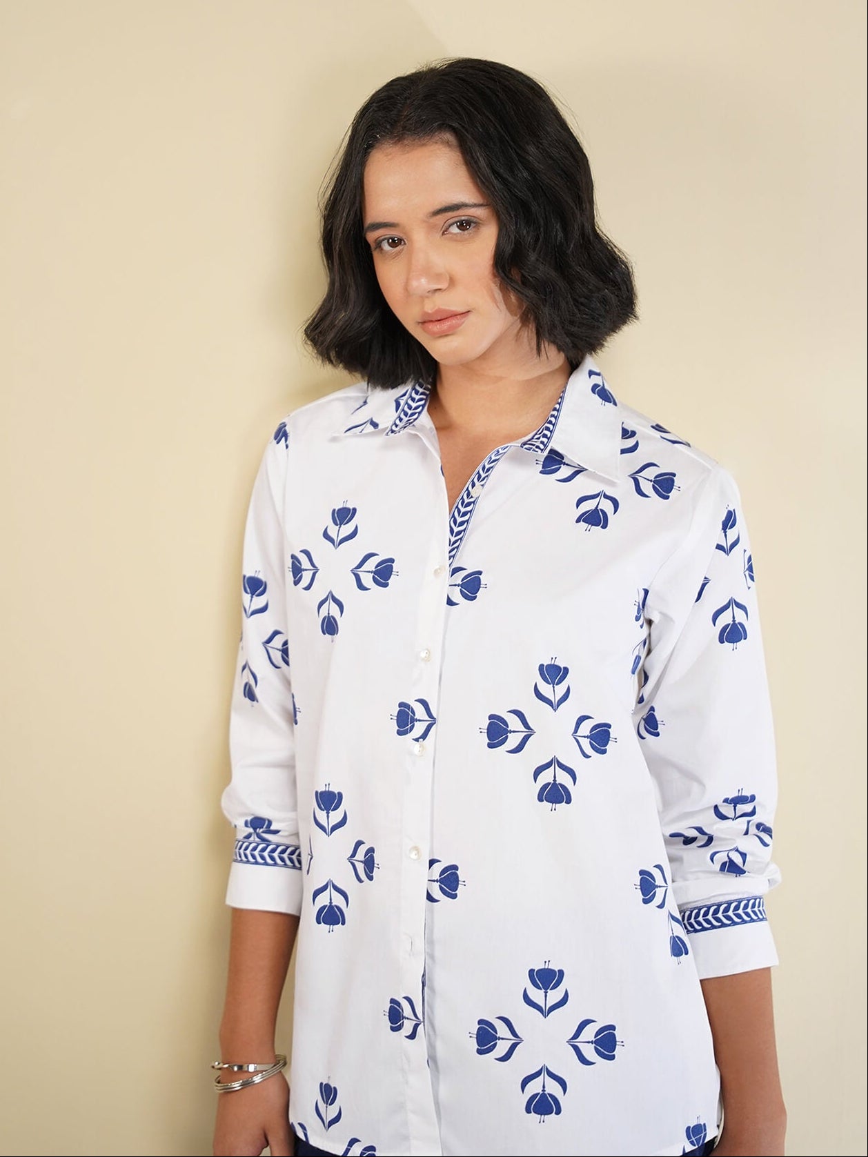 Cotton Floral Motif Shirt - Blue & White