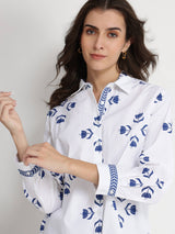 Cotton Floral Motif Shirt - Blue & White