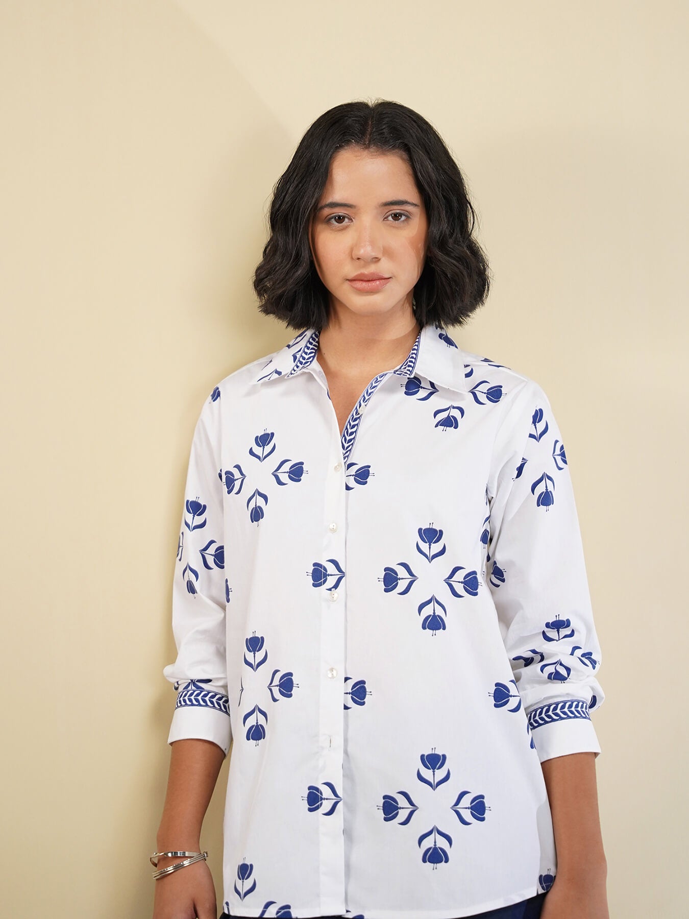 Cotton Floral Motif Shirt - Blue & White