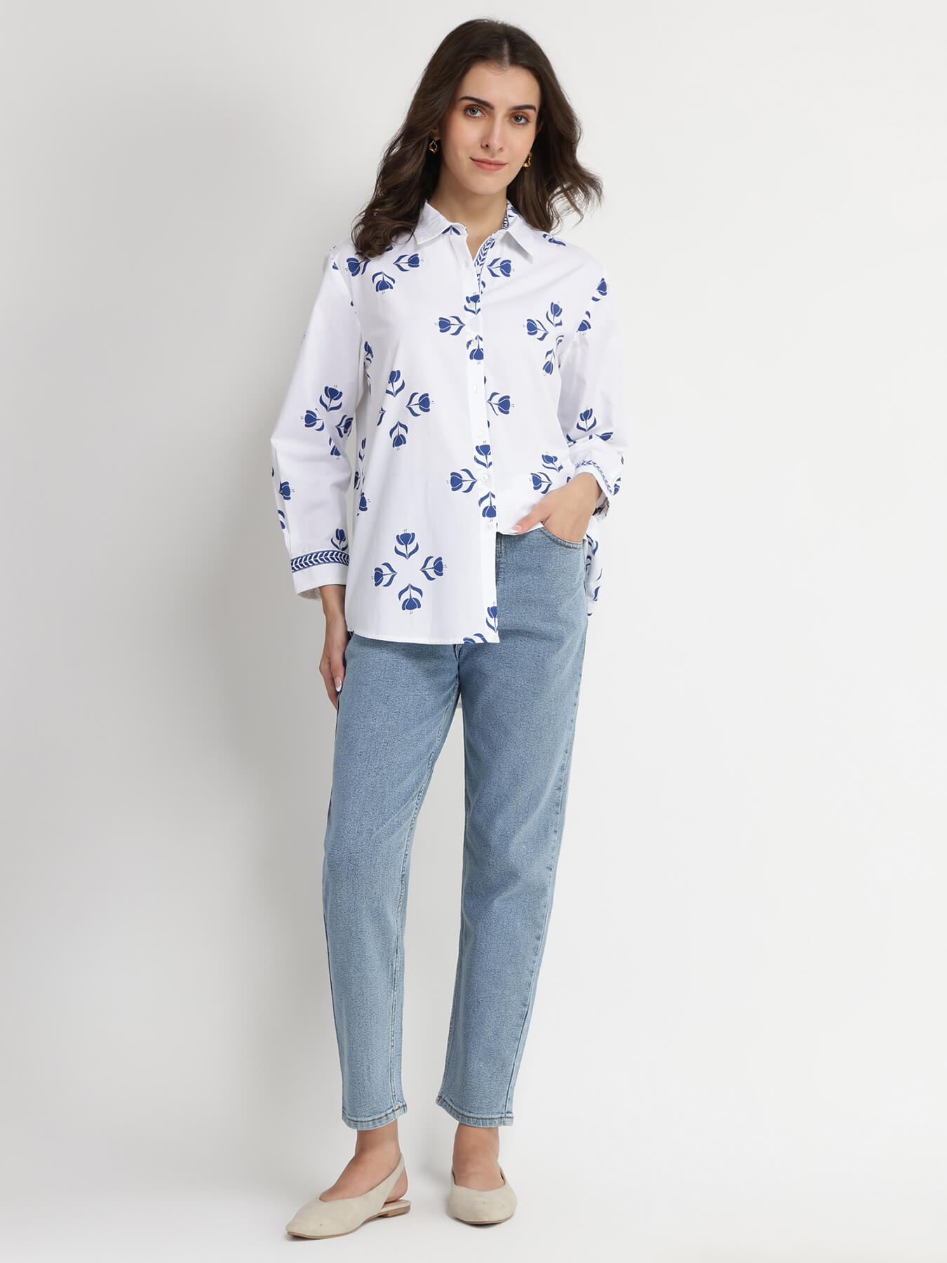 Cotton Floral Motif Shirt - Blue & White