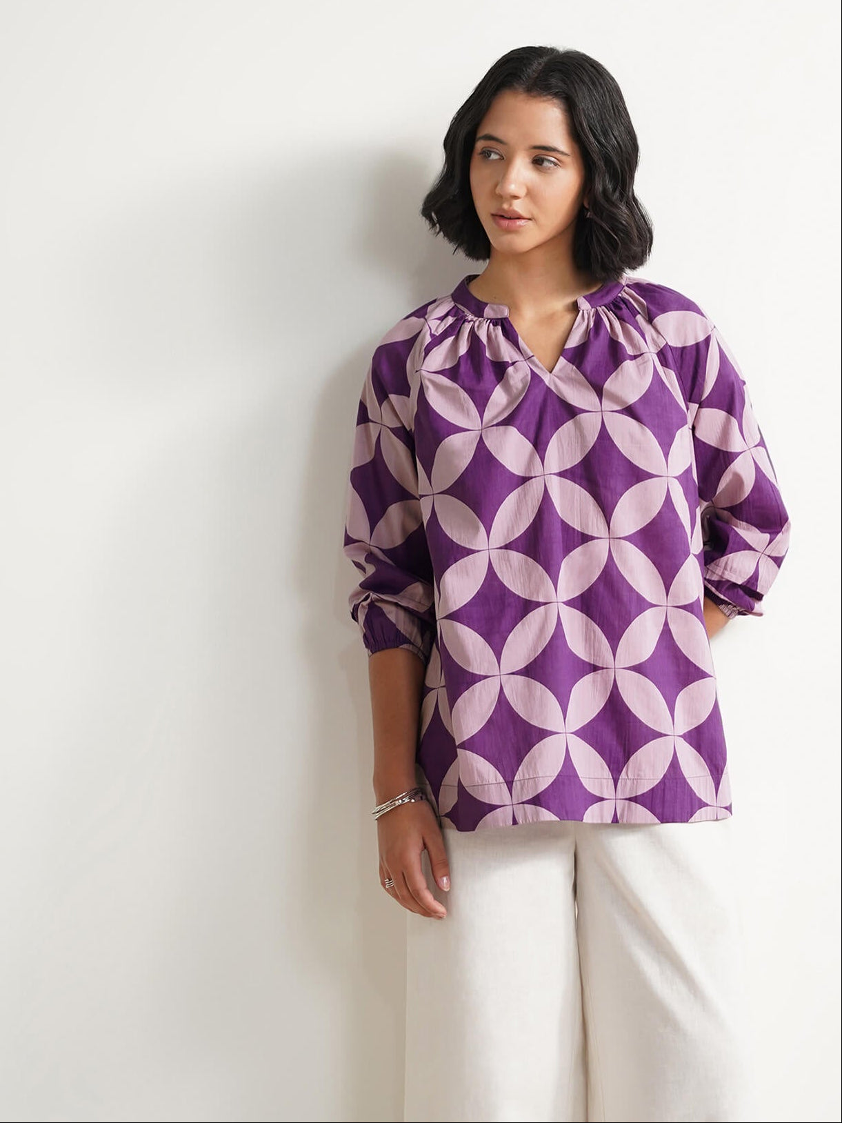 Cotton Geometric Pleated Top - Lavender
