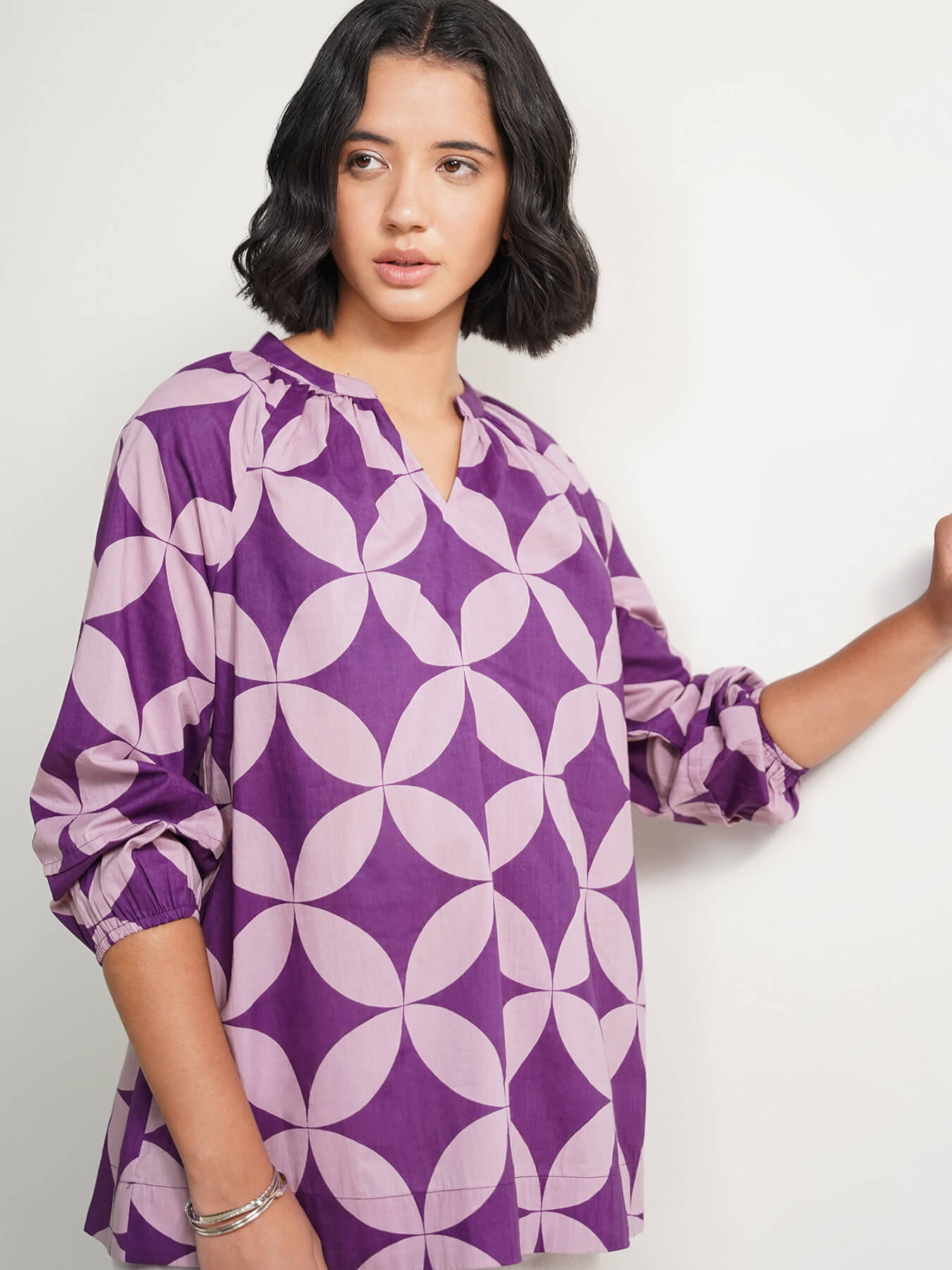 Cotton Geometric Pleated Top - Lavender