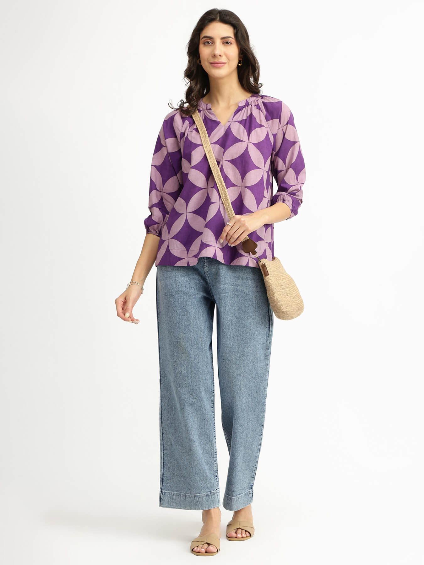 Cotton Geometric Pleated Top - Lavender
