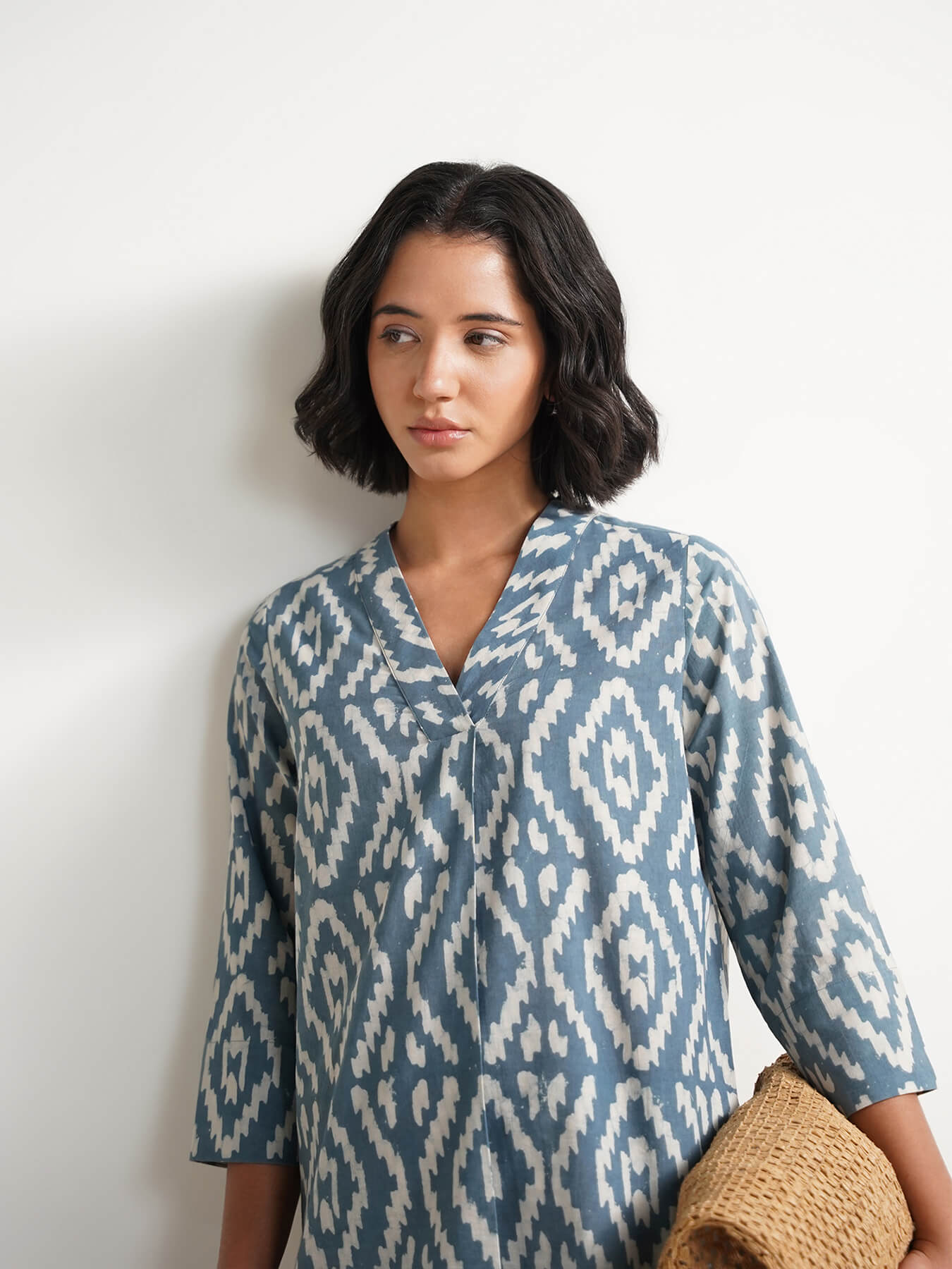 Cotton Dabu Geometric Print Top - Grey