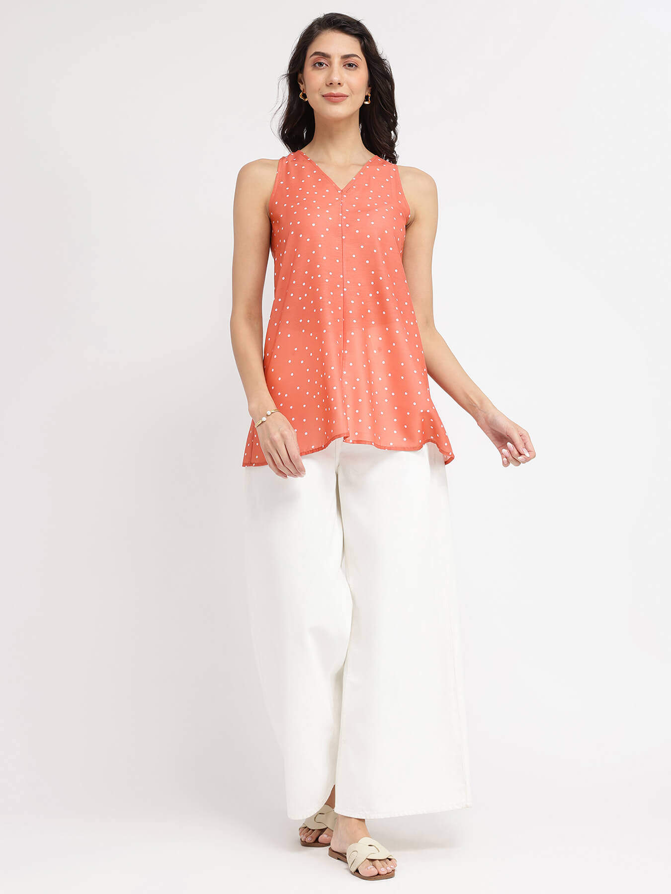 Polka Print Sleeveless Top - Peach & White